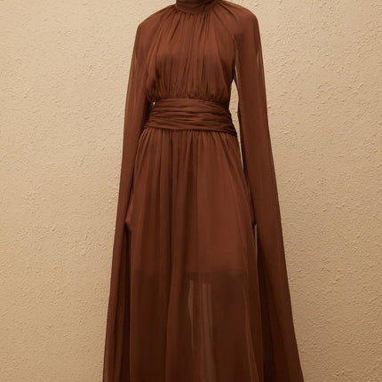 Coralie Brown Cape Design Pleated Tulle Gown in Brown Color