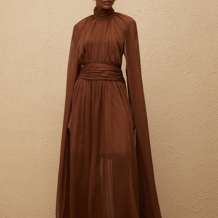 Coralie Brown Cape Design Pleated Tulle Gown