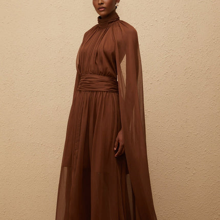 Coralie Brown Cape Design Pleated Tulle Gown