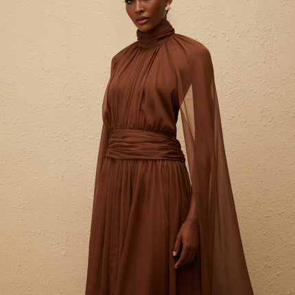 Coralie Brown Cape Design Pleated Tulle Gown