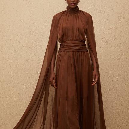 Coralie Brown Cape Design Pleated Tulle Gown in Brown