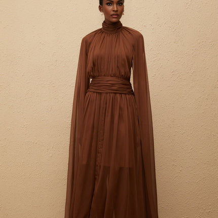 Coralie Brown Cape Design Pleated Tulle Gown for Women