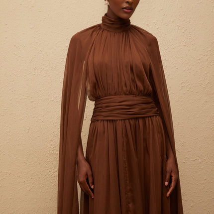 Coralie Brown Cape Design Pleated Tulle Gown