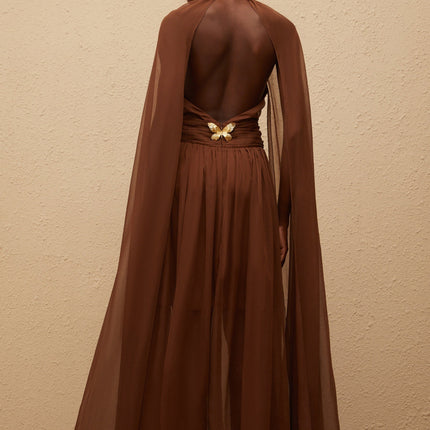 Coralie Brown Cape Design Pleated Tulle Gown