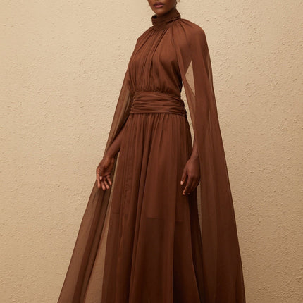 Coralie Brown Cape Design Pleated Tulle Gown