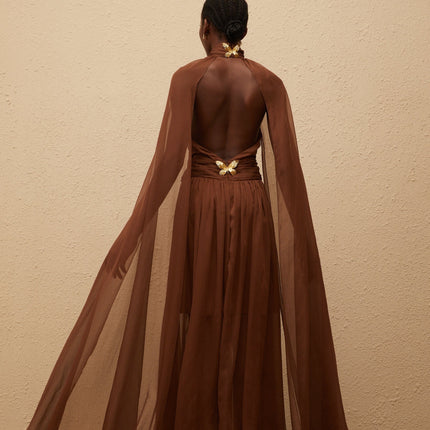 Coralie Brown Cape Design Pleated Tulle Gown