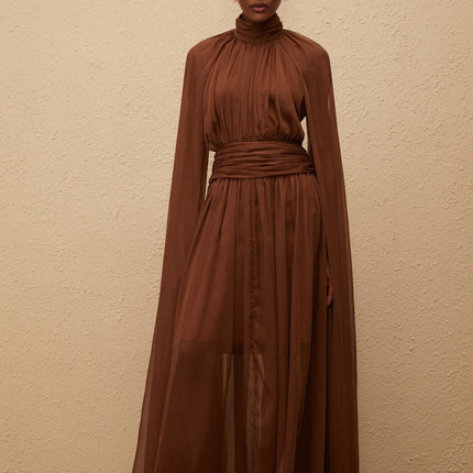 Coralie Brown Cape Design Pleated Tulle Gown