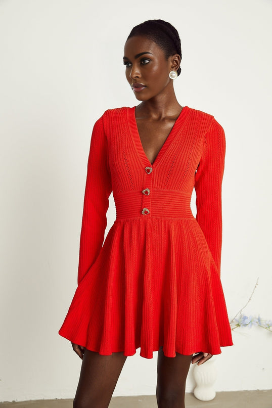 Coralie red Vneck flared mini dress