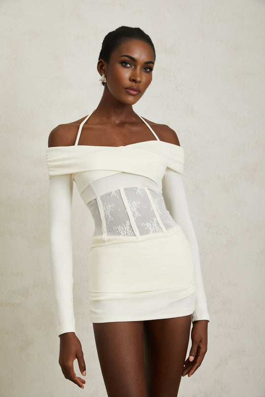 Coralie White Lace Panel Knit Blouse  Skirt Set