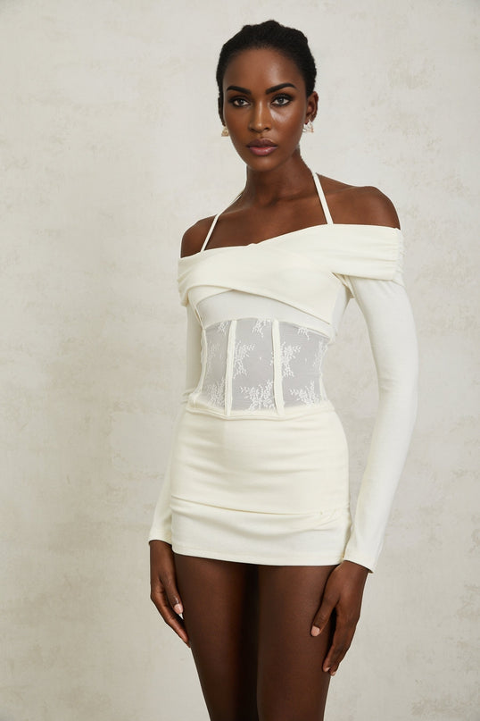 Coralie White Lace Panel Knit Blouse  Skirt Set