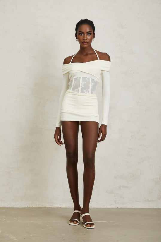 Coralie White Lace Panel Knit Blouse  Skirt Set