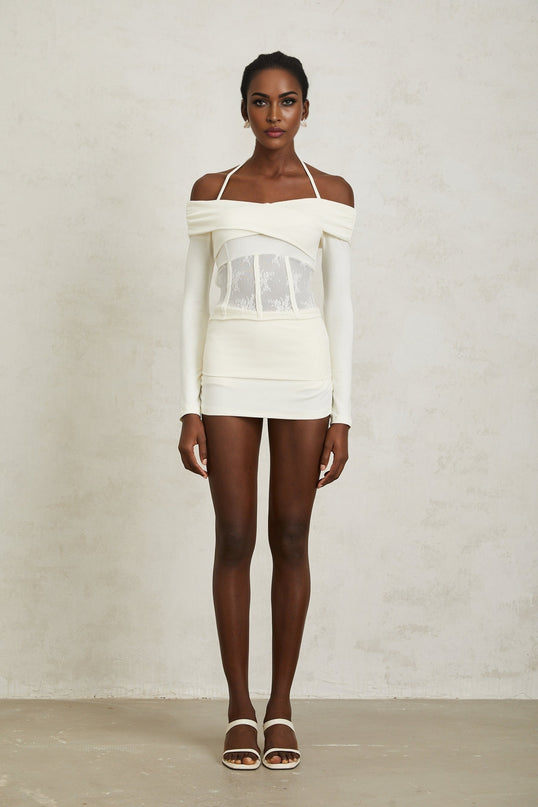 Coralie White Lace Panel Knit Blouse  Skirt Set