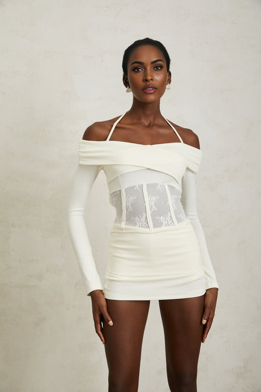 Coralie White Lace Panel Knit Blouse  Skirt Set