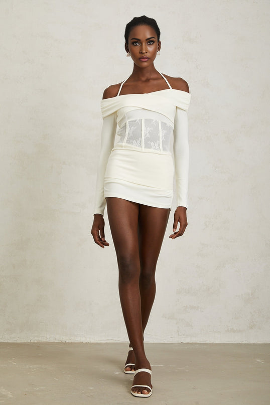 Coralie White Lace Panel Knit Blouse  Skirt Set