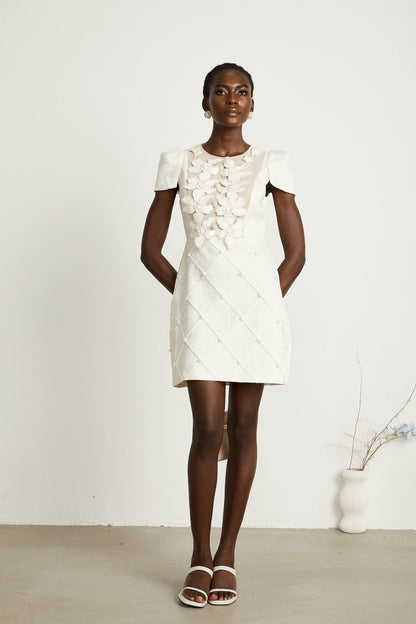 Coralie white petaldetail buttoned mini dress