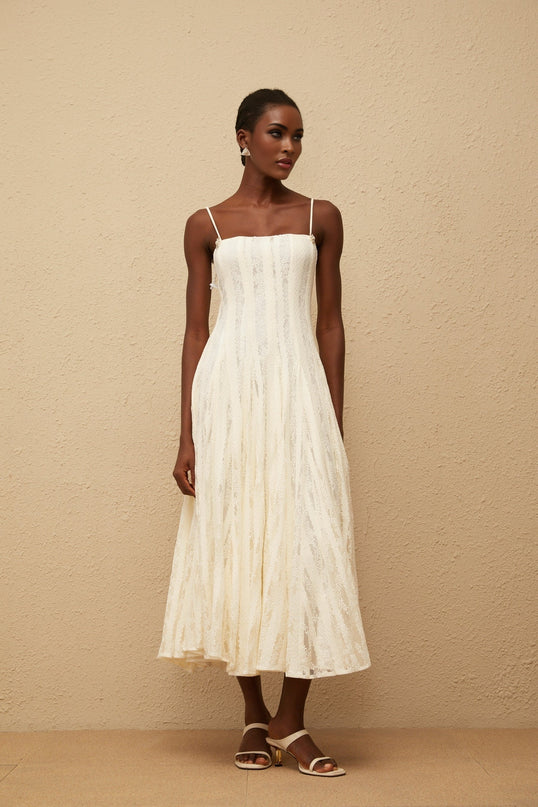 Coralie White Pleated Lace Midi Dress