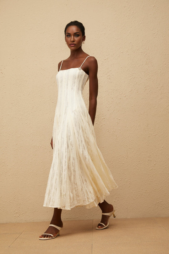 Coralie White Pleated Lace Midi Dress