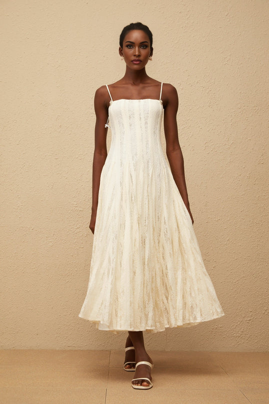 Coralie White Pleated Lace Midi Dress