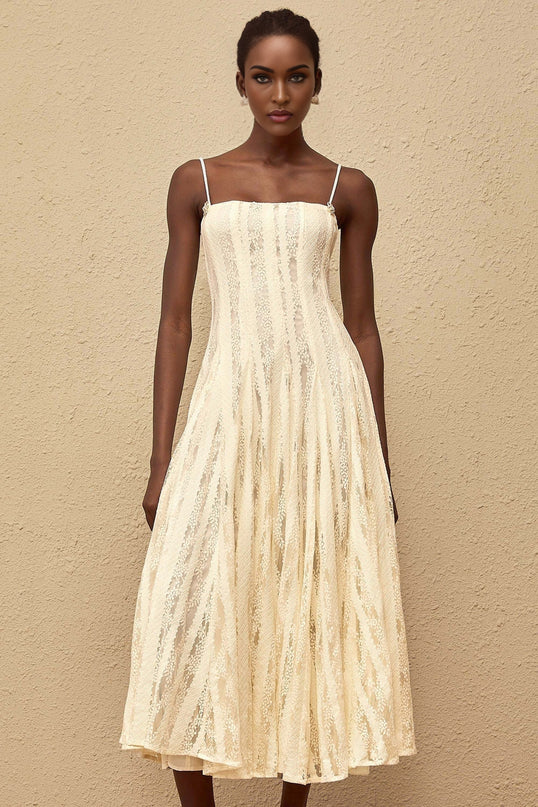 Coralie White Pleated Lace Midi Dress