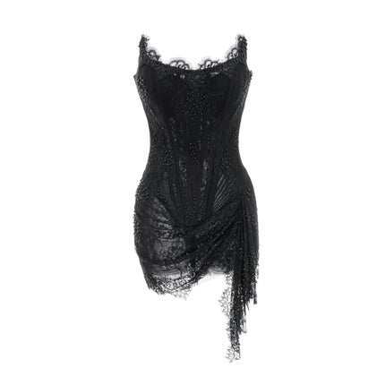 Coraline Black Lace Mesh Mini Dress with Faux-Pearl Embellishments and Ribbon Lace Hem