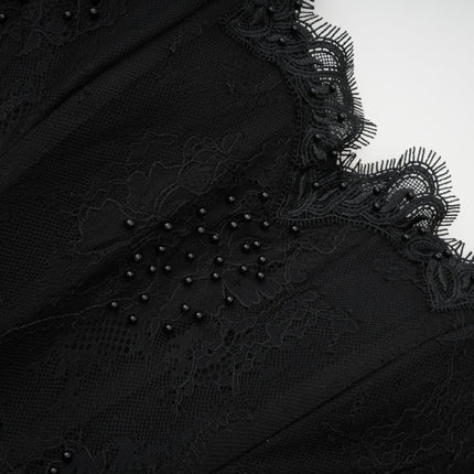 Coraline Black Lace Mesh Mini Dress with Faux-Pearl Embellishments and Ribbon Lace Hem