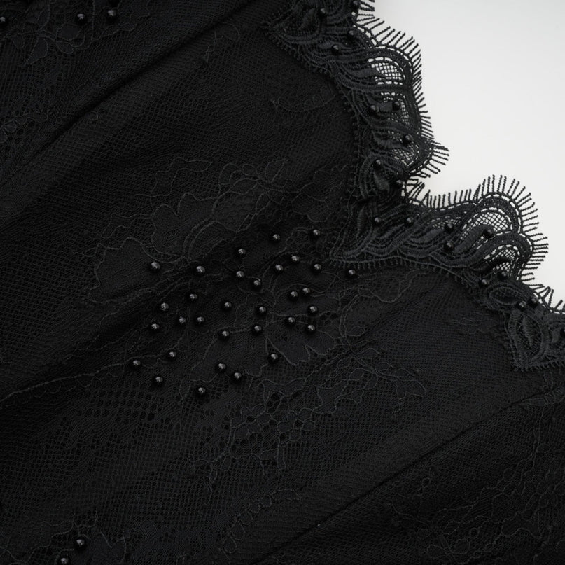 Coraline Black Lace Mesh Mini Dress with Faux-Pearl Embellishments and Ribbon Lace Hem