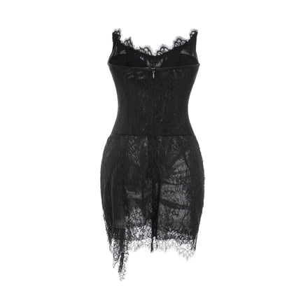Coraline Black Lace Mesh Mini Dress with Faux-Pearl Embellishments and Ribbon Lace Hem