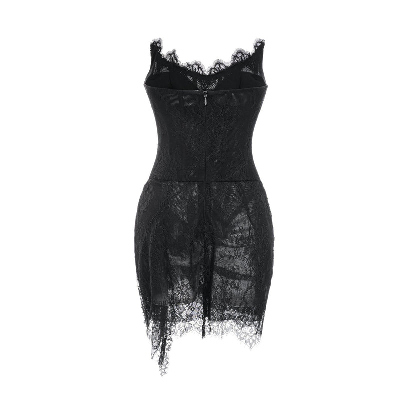 Coraline Black Lace Mesh Mini Dress with Faux-Pearl Embellishments and Ribbon Lace Hem