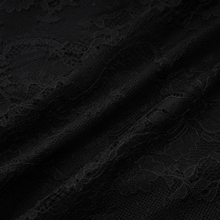 Coraline Black Lace Mesh Mini Dress with Faux-Pearl Embellishments and Ribbon Lace Hem