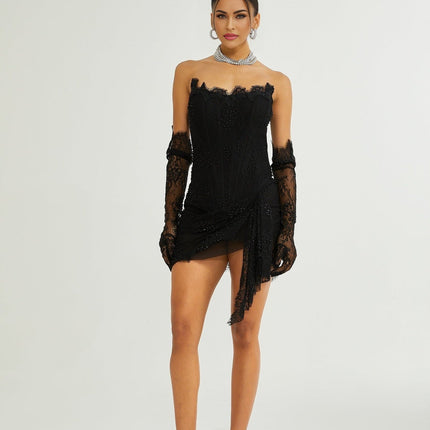 Coraline Black Lace Mesh Mini Dress with Faux-Pearl Embellishments and Ribbon Lace Hem