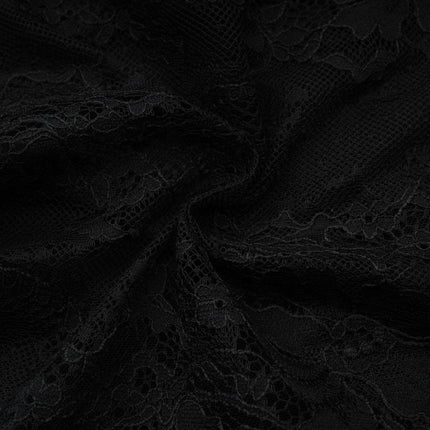 Coraline Black Lace Mesh Mini Dress with Faux-Pearl Embellishments and Ribbon Lace Hem