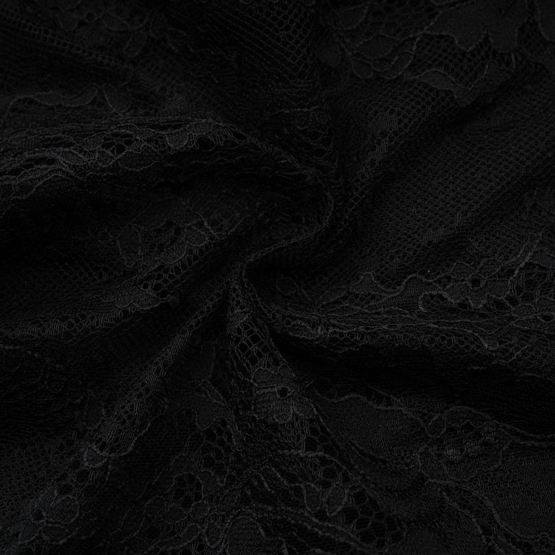 Coraline Black Lace Mesh Mini Dress with Faux-Pearl Embellishments and Ribbon Lace Hem