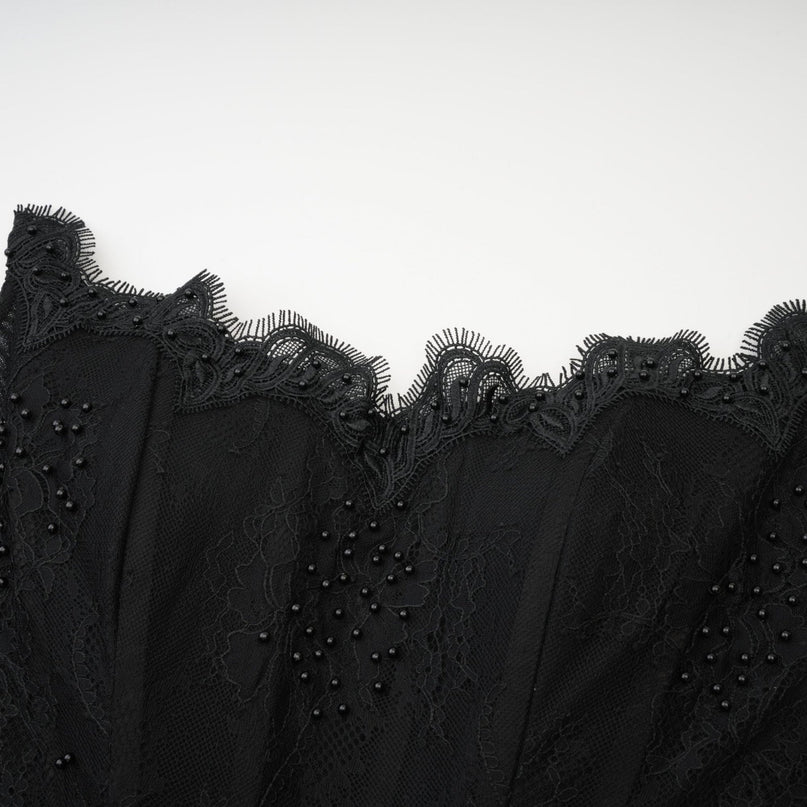 Coraline Black Lace Mesh Mini Dress with Faux-Pearl Embellishments and Ribbon Lace Hem