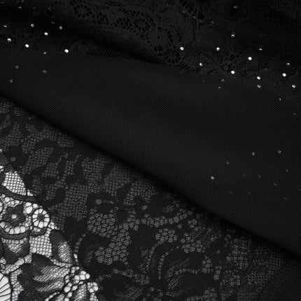 Coraline Black Lace Mesh Mini Dress with Faux-Pearl Embellishments and Ribbon Lace Hem