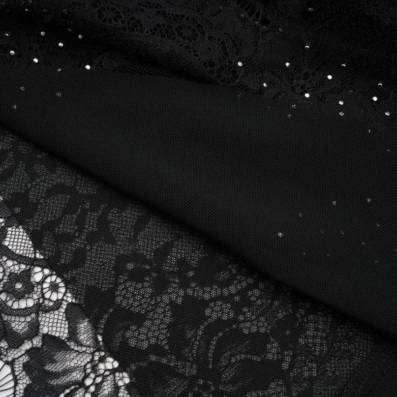 Coraline Black Lace Mesh Mini Dress with Faux-Pearl Embellishments and Ribbon Lace Hem