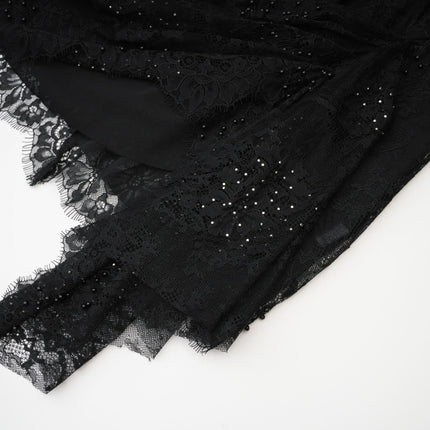 Coraline Black Lace Mesh Mini Dress with Faux-Pearl Embellishments and Ribbon Lace Hem