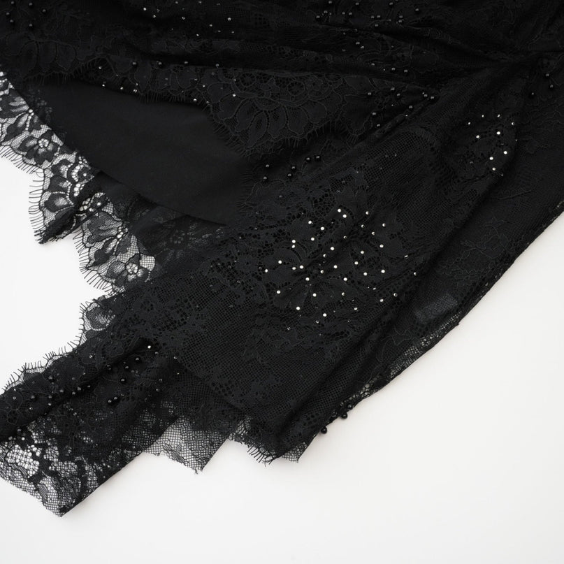 Coraline Black Lace Mesh Mini Dress with Faux-Pearl Embellishments and Ribbon Lace Hem