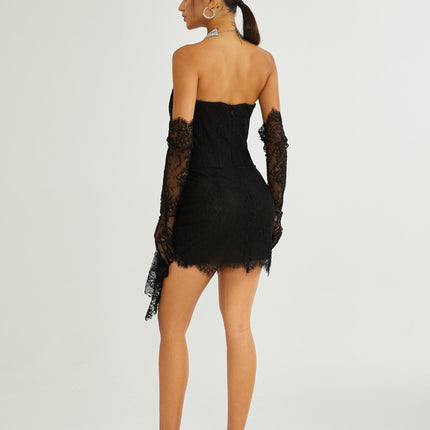 Coraline Black Lace Mini Dress with Faux-Pearl Embellishments and Ribbon Lace Hem