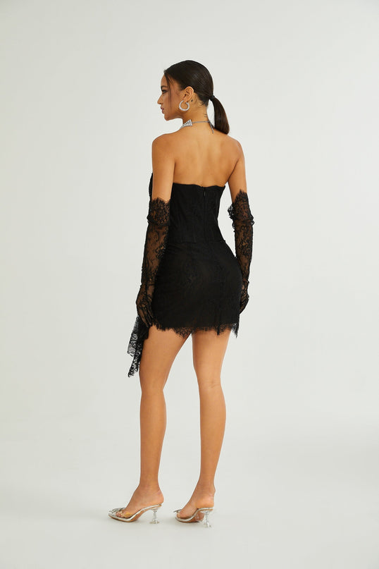Coraline Black Lace Mini Dress with Faux-Pearl Embellishments and Ribbon Lace Hem