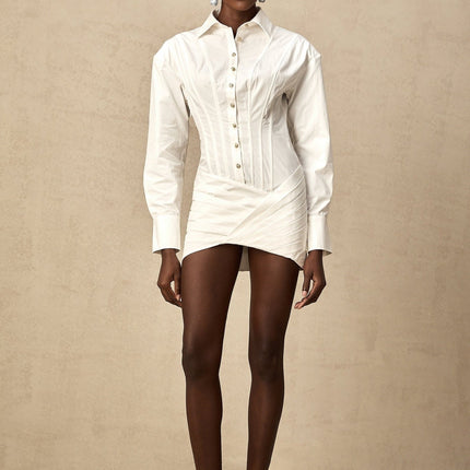 Coraline White Long Sleeve Mini Dress with Buttoned Cuffs and Embossed Gold-Tone Buttons