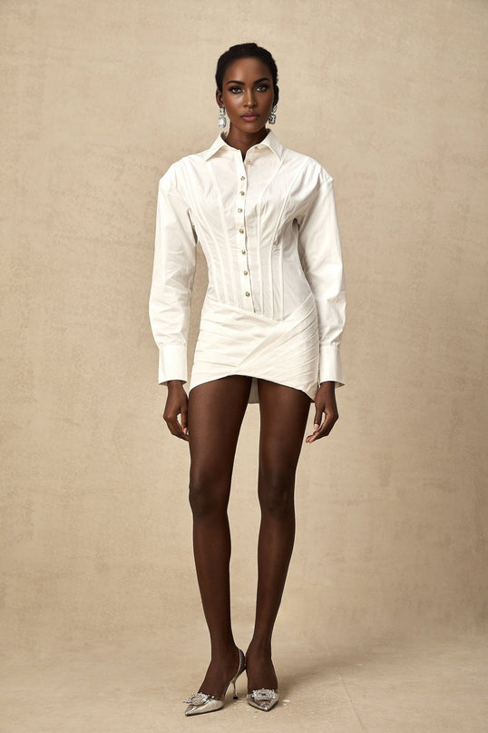 Coraline White Long Sleeve Mini Dress with Buttoned Cuffs and Embossed Gold-Tone Buttons