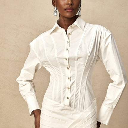 Coraline White Long Sleeve Mini Dress with Buttoned Cuffs and Lace Waist