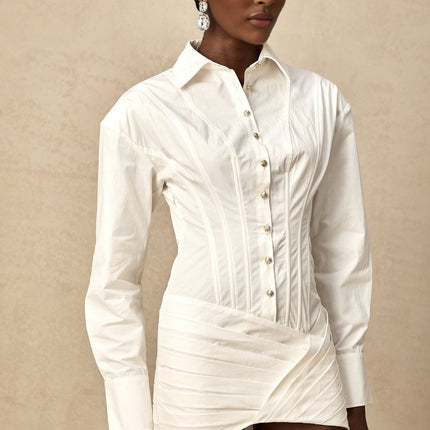 Coraline White Long Sleeve Mini Dress with Buttoned Cuffs and Embossed Gold-Tone Buttons