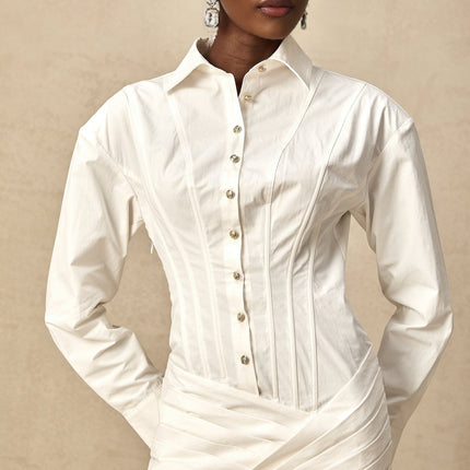 Coraline White Long Sleeve Mini Dress with Buttoned Cuffs and Embossed Gold-Tone Buttons