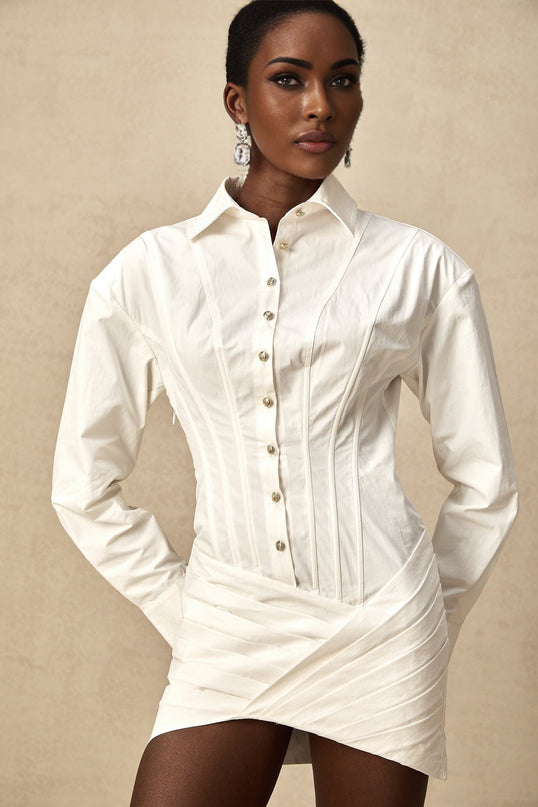 Coraline White Long Sleeve Mini Dress with Buttoned Cuffs and Embossed Gold-Tone Buttons