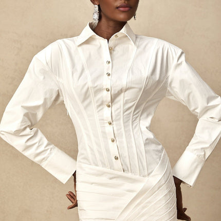 Coraline White Mini Dress with Buttoned Cuffs and Embossed Gold-Tone Buttons