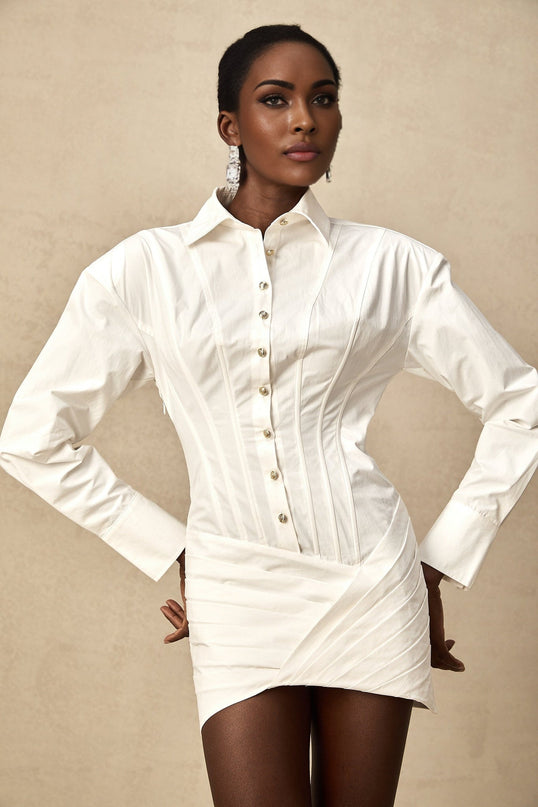 Coraline White Mini Dress with Buttoned Cuffs and Embossed Gold-Tone Buttons
