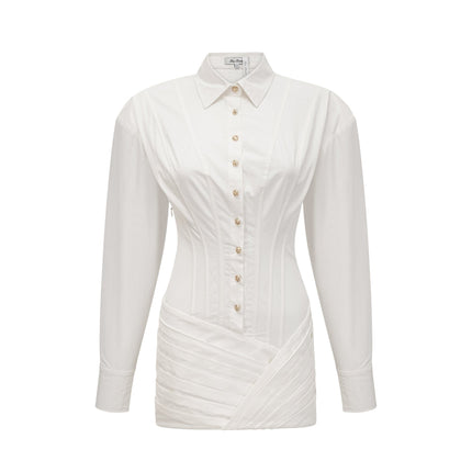 Coraline White Mini Dress with Buttoned Cuffs and Embossed Gold-Tone Buttons