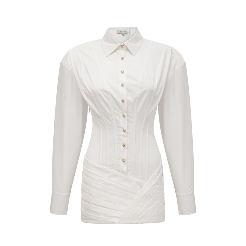 Coraline White Mini Dress with Buttoned Cuffs and Embossed Gold-Tone Buttons