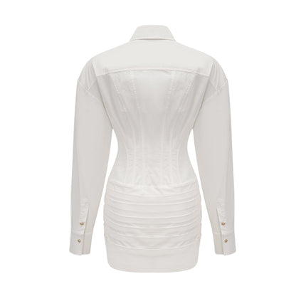 Coraline White Mini Dress with Buttoned Cuffs and Pleated Detailing